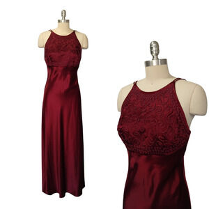 Vintage 90s Prom Dress Size S Burgundy Satin Maxi Strappy High Neck Blondie & Me
